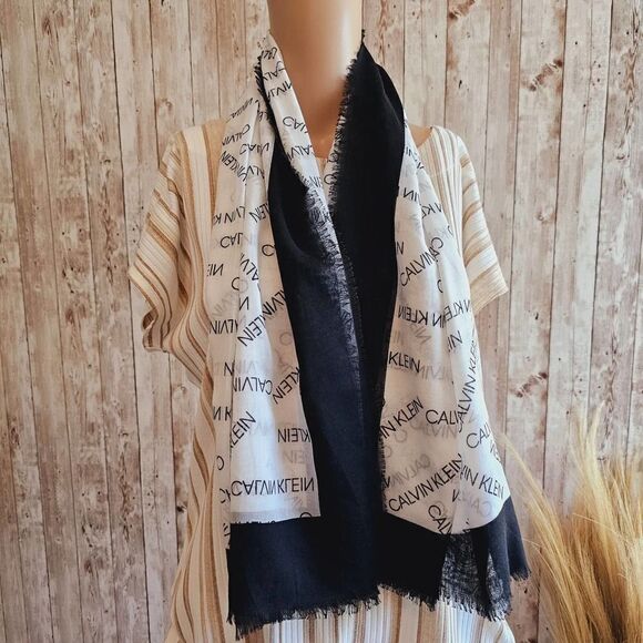 Calvin Klein Logo Print Sheer Scarf Black White New - Picture 1 of 5